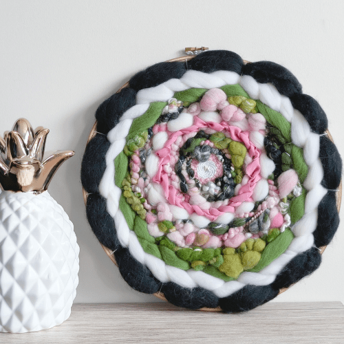 Coiled Art Yarn | Round Wall Hanging | Green White Pink Wall Décor - BlueRhubarb