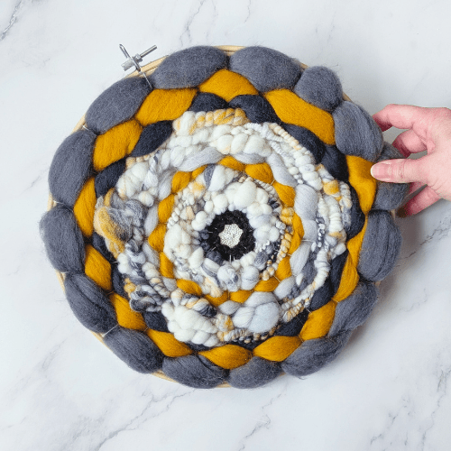 Coiled Art Yarn | Round Wall Hanging | Grey White Yellow Wall Décor - BlueRhubarb