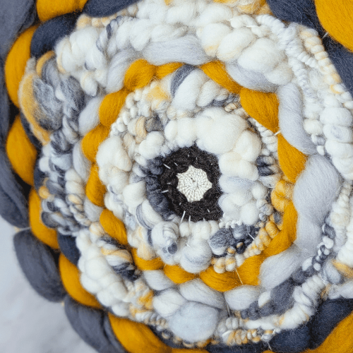 Coiled Art Yarn | Round Wall Hanging | Grey White Yellow Wall Décor - BlueRhubarb