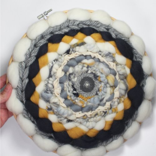 Coiled Art Yarn | Round Wall Hanging | Grey White Yellow Wall Décor - BlueRhubarb