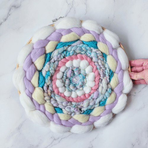 Coiled Art Yarn | Round Wall Hanging | Sparkle Pastel Rainbow Wall Décor - BlueRhubarb