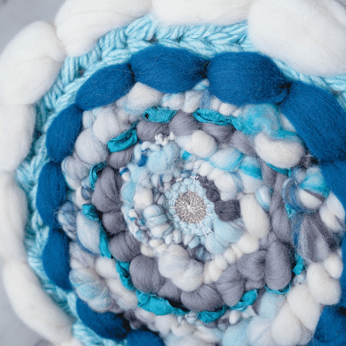 Coiled Art Yarn | Round Wall Hanging | White Teal Gray Wall Décor - BlueRhubarb
