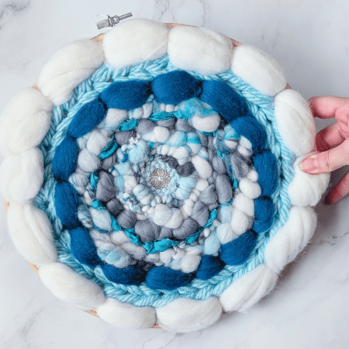 Coiled Art Yarn | Round Wall Hanging | White Teal Gray Wall Décor - BlueRhubarb