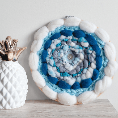 Coiled Art Yarn | Round Wall Hanging | White Teal Gray Wall Décor - BlueRhubarb