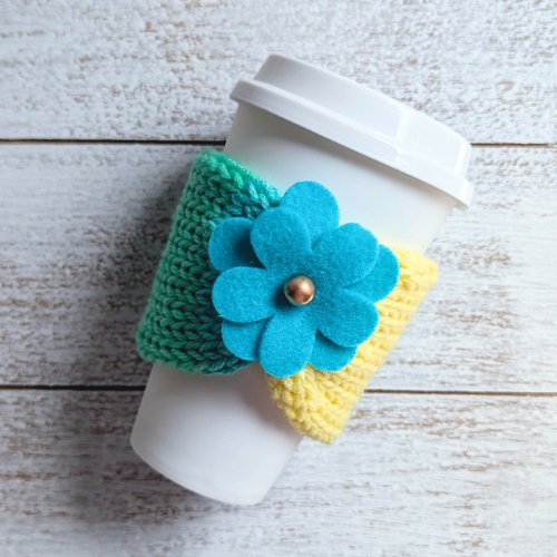 Daisy Cup Cozy | Knit Cup Cozy | Knit Cup Sleeve | Cup Cozy | Blue - BlueRhubarb