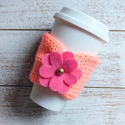 Daisy Cup Cozy | Knit Cup Cozy | Knit Cup Sleeve | Cup Cozy | Pink - BlueRhubarb