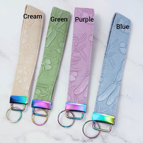 Dragonfly & Flowers Faux Leather Key FOB & Wristlet Keychain - BlueRhubarb