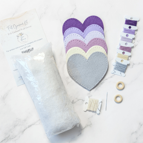 Handmade DIY Felt Heart Garland Kit - Purples and Grey Palette - Heart Garland