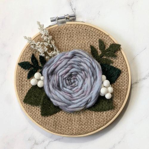 Floral Embroidery Art - Mini Hoop Art - Dyed Yarn Flower - Blues Purples - BlueRhubarb