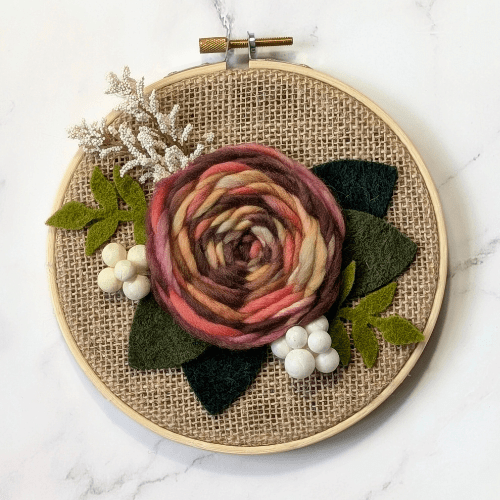 Floral Embroidery Art - Mini Hoop Art - Dyed Yarn Flower - Brown Red Orange Yellow - BlueRhubarb
