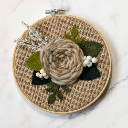 Floral Embroidery Art - Mini Hoop Art - Dyed Yarn Flower - Earth Tones Yellow Brown Teal - BlueRhubarb