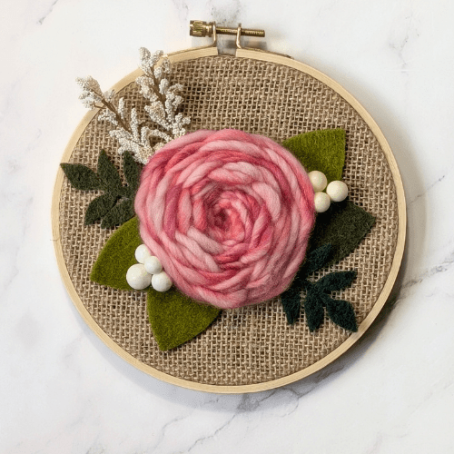Floral Embroidery Art - Mini Hoop Art - Dyed Yarn Flower - Pink Red - BlueRhubarb