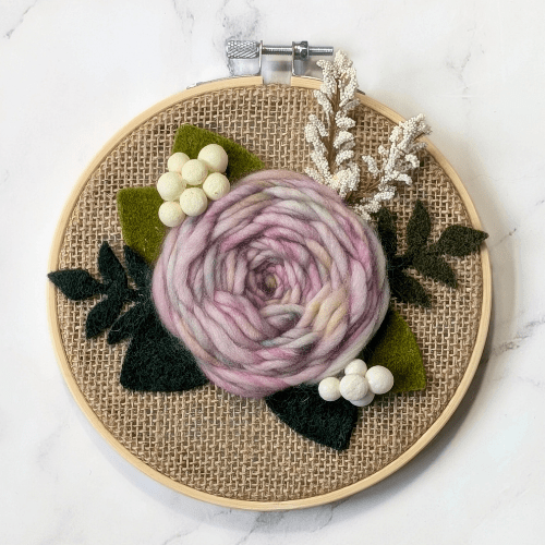 Floral Embroidery Art - Mini Hoop Art - Dyed Yarn Flower - Pinks - BlueRhubarb
