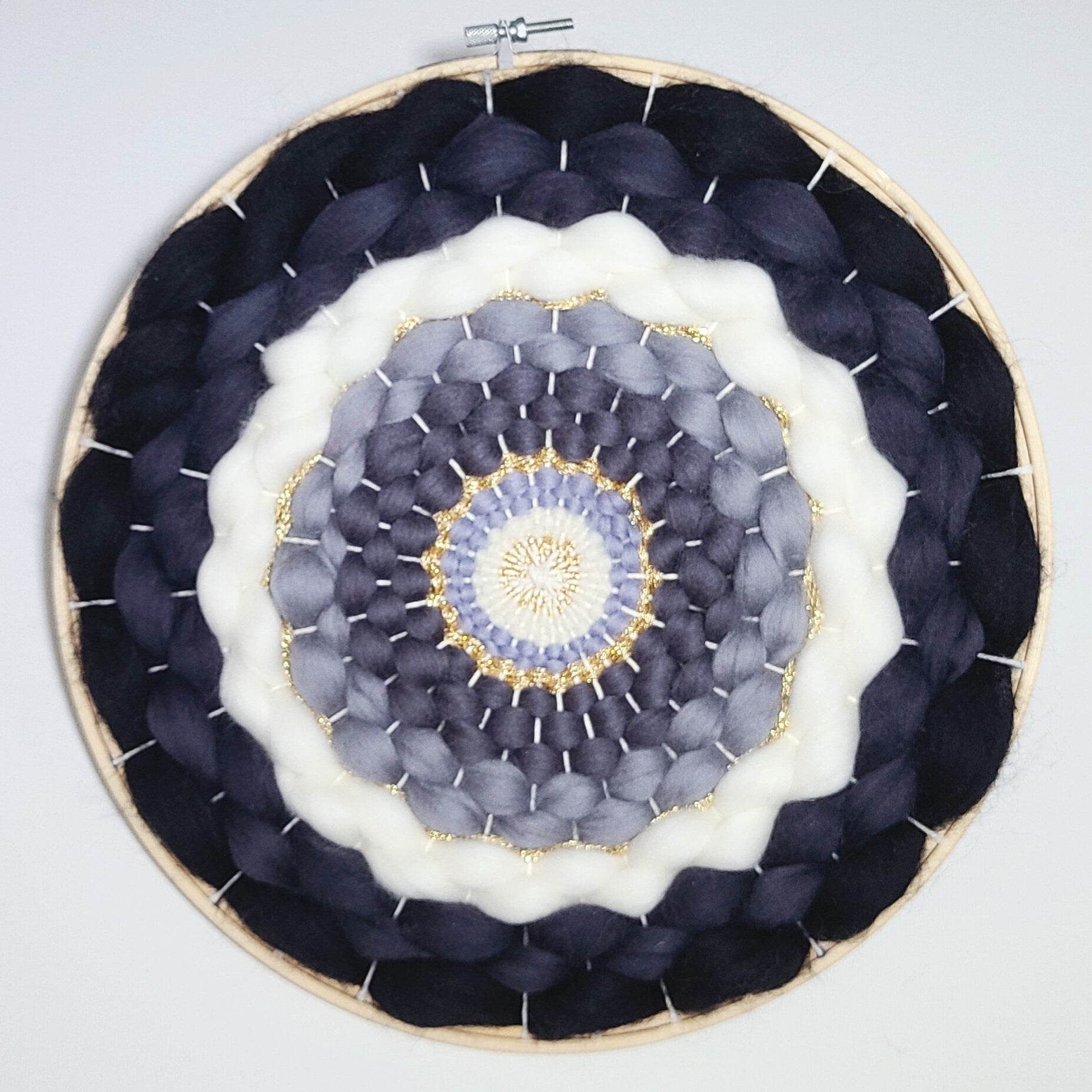 Round Woven Wall Art | Gold Threads | Monochromatic Black Grey White - BlueRhubarb