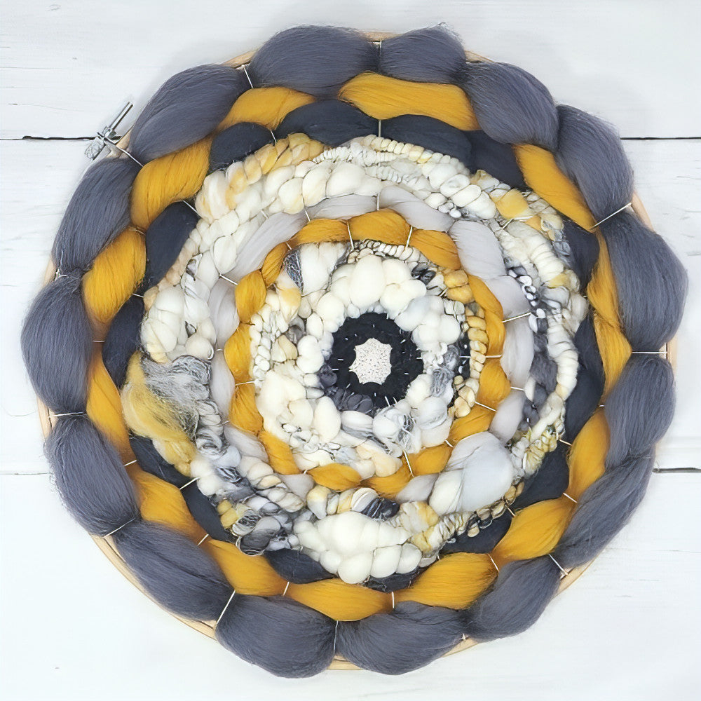 Coiled Art Yarn | Round Wall Hanging | Grey White Yellow Wall Décor - BlueRhubarb