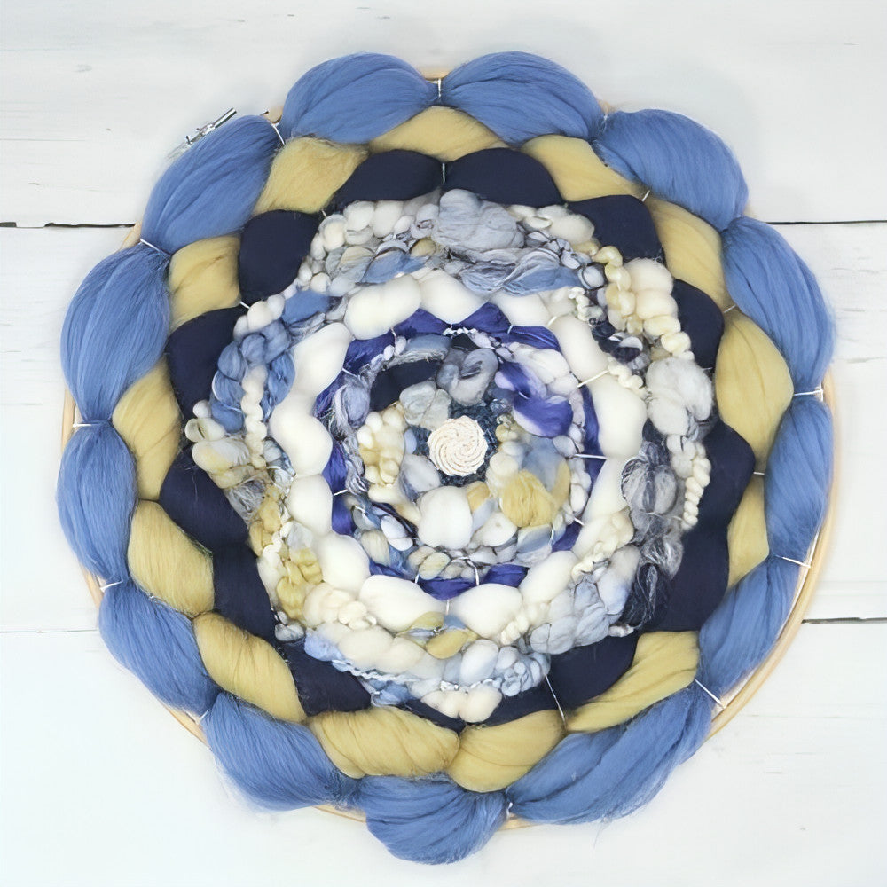 Coiled Art Yarn | Round Wall Hanging | White Blue Navy Yellow Wall Décor - BlueRhubarb