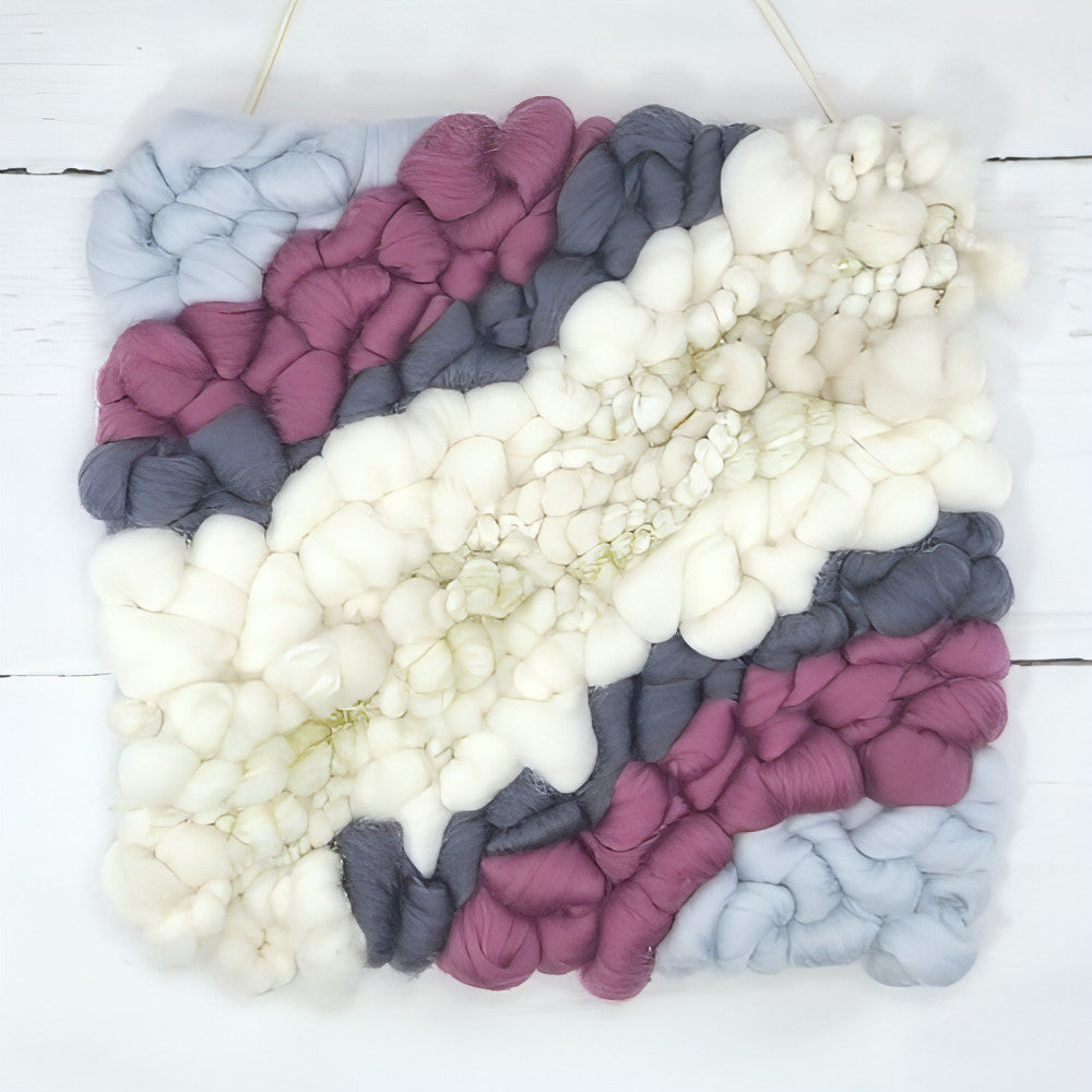 Golden Canvas | White Coil Art Yarn | 10x10 Wall Hanging | Greys Plums - BlueRhubarb