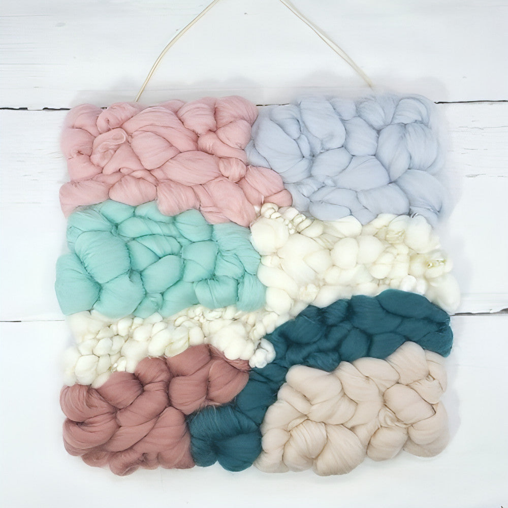 Golden Canvas | White Coil Art Yarn | 10x10 Wall Hanging | Pinks Beige Mints and Grey - BlueRhubarb