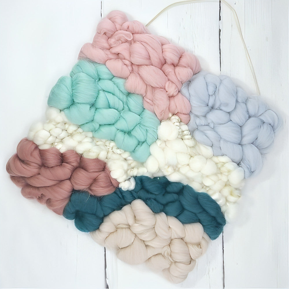 Golden Canvas | White Coil Art Yarn | 10x10 Wall Hanging | Pinks Beige Mints and Grey - BlueRhubarb