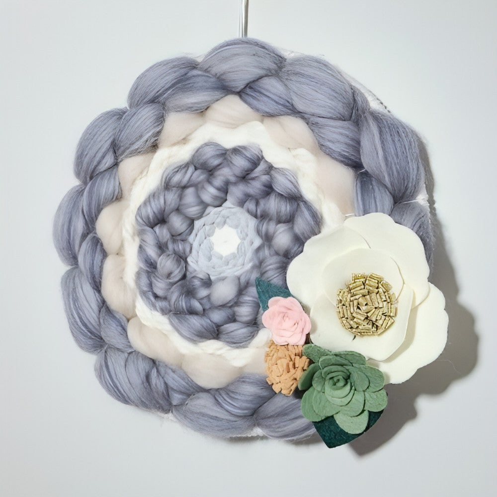 Round Woven Art | Felt Flowers | Beige Greys Cream | Wall Hanging - BlueRhubarb