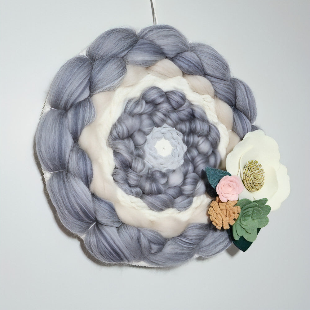 Round Woven Art | Felt Flowers | Beige Greys Cream | Wall Hanging - BlueRhubarb