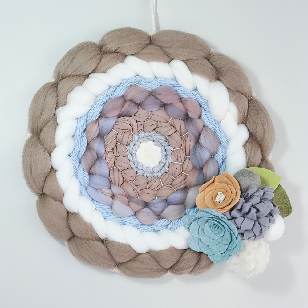 Round Woven Art | Felt Flowers | Beige Greys White | Wall Hanging - BlueRhubarb