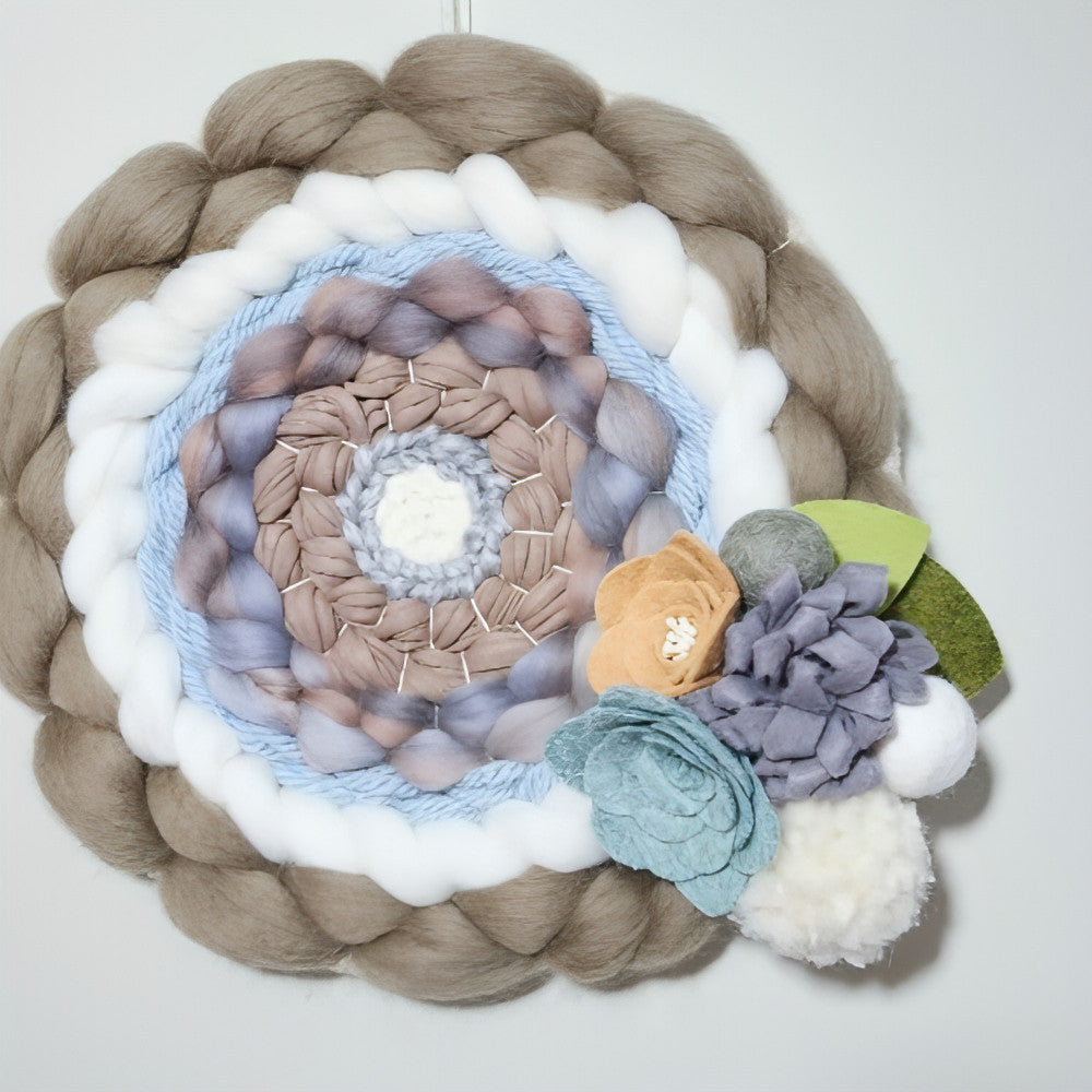 Round Woven Art | Felt Flowers | Beige Greys White | Wall Hanging - BlueRhubarb
