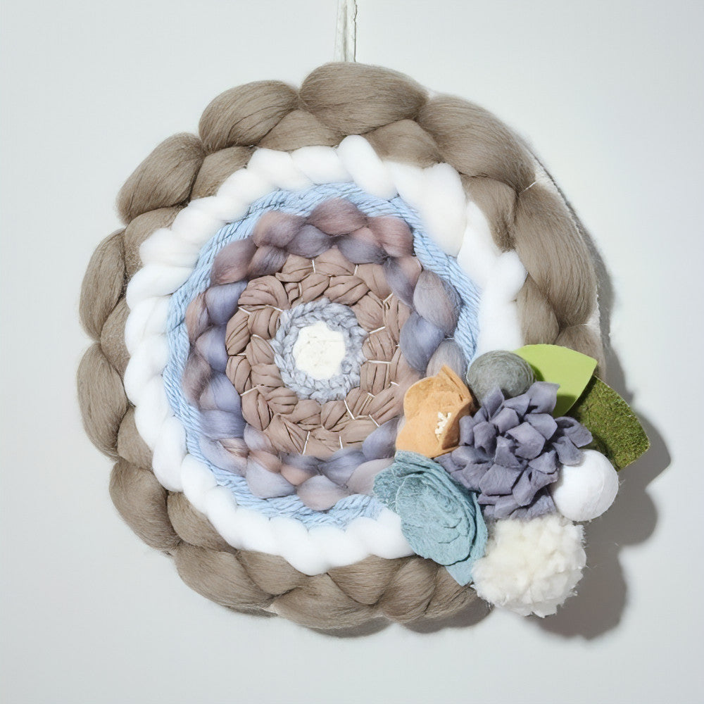 Round Woven Art | Felt Flowers | Beige Greys White | Wall Hanging - BlueRhubarb