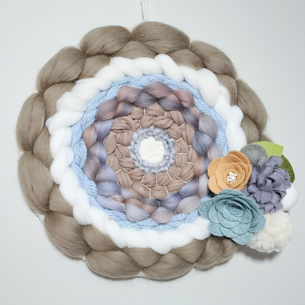 Round Woven Art | Felt Flowers | Beige Greys White | Wall Hanging - BlueRhubarb