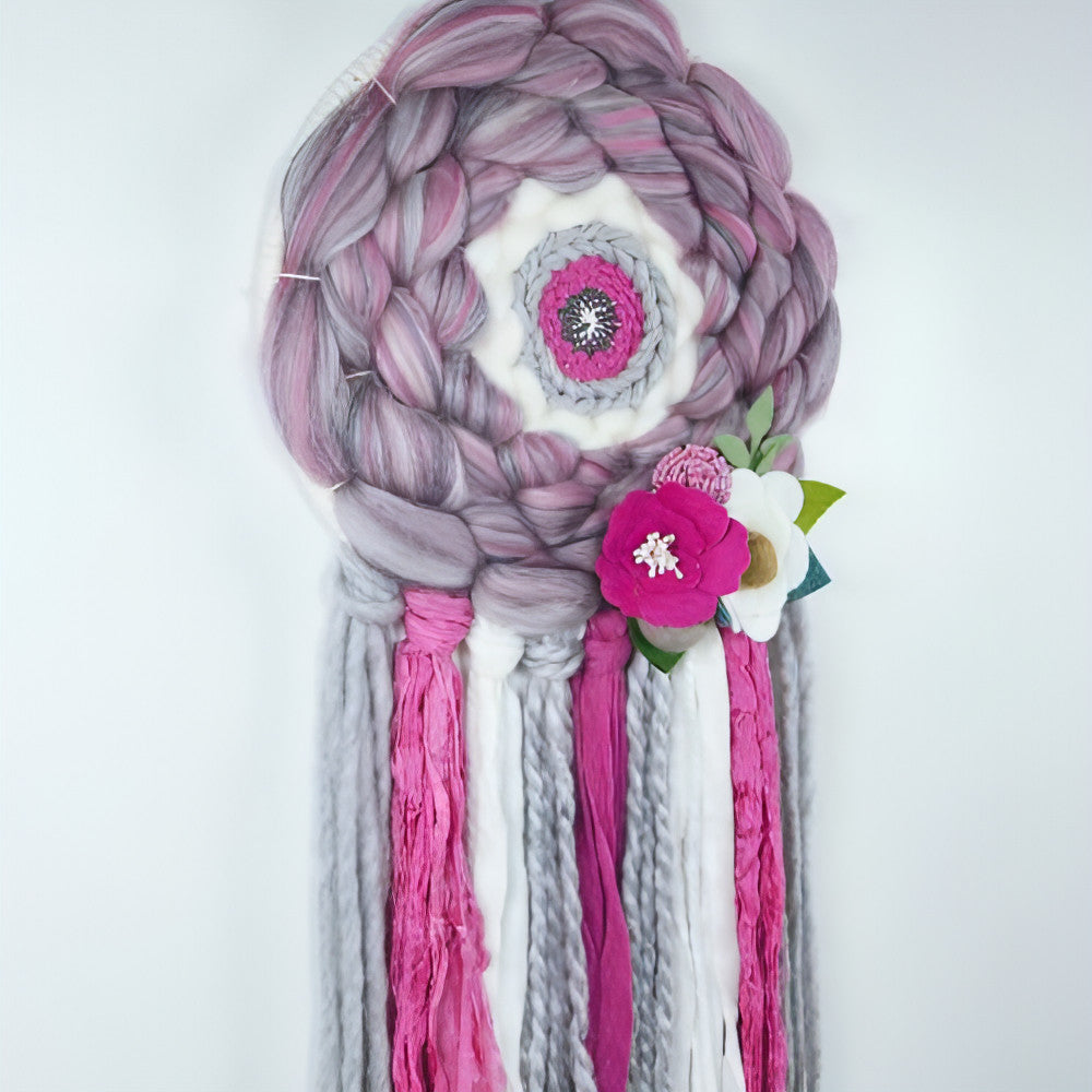 Round Woven Art | Felt Flowers | Pinks Greys White | Wall Hanging - BlueRhubarb