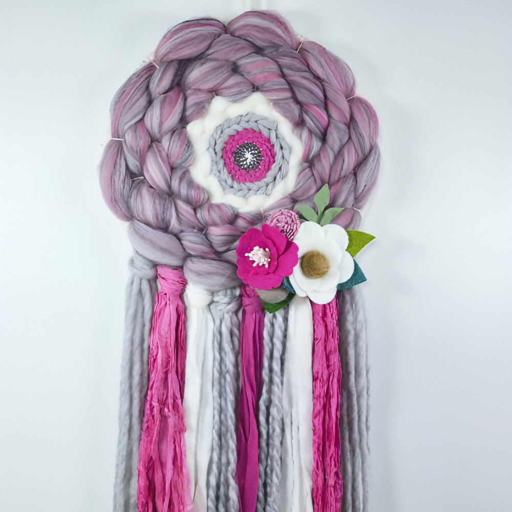 Round Woven Art | Felt Flowers | Pinks Greys White | Wall Hanging - BlueRhubarb