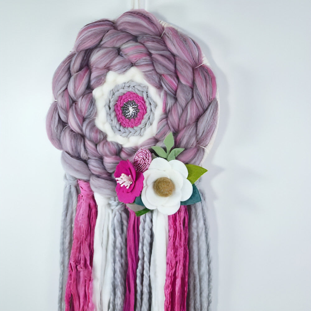 Round Woven Art | Felt Flowers | Pinks Greys White | Wall Hanging - BlueRhubarb