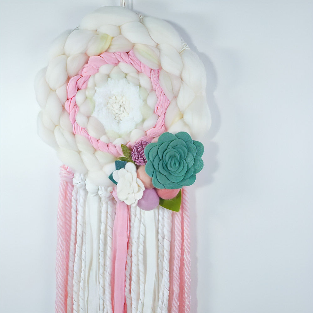 Round Woven Art | Felt Flowers | Pinks White | Wall Hanging - BlueRhubarb