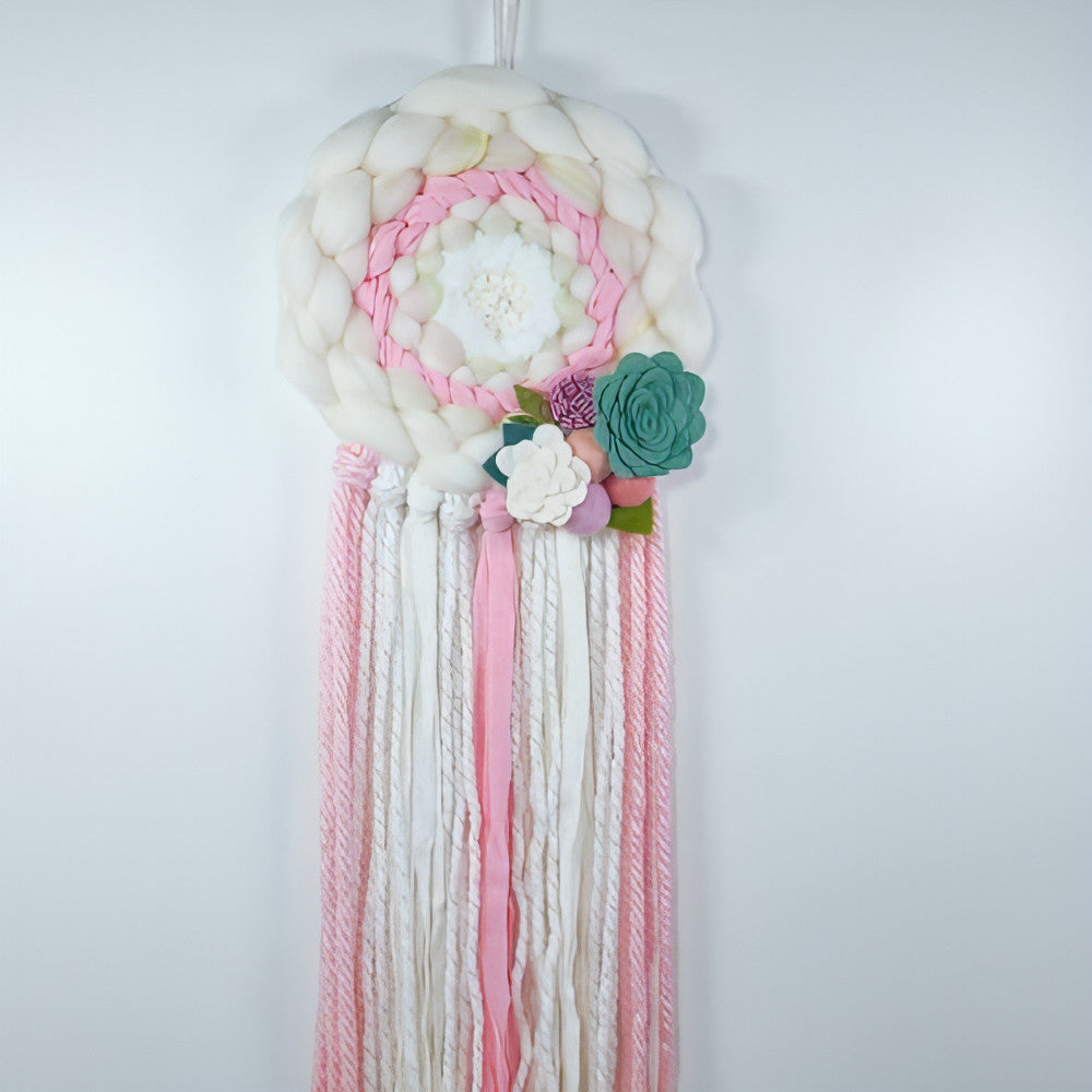 Round Woven Art | Felt Flowers | Pinks White | Wall Hanging - BlueRhubarb