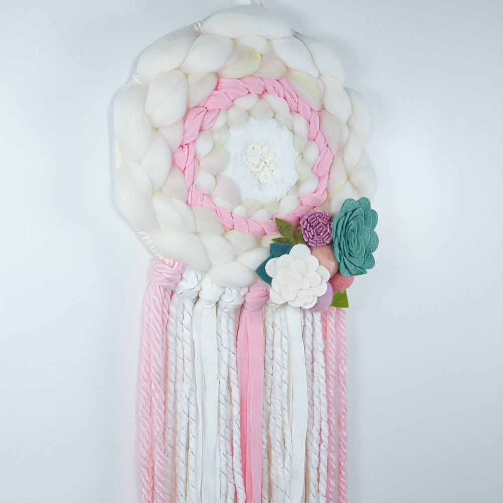Round Woven Art | Felt Flowers | Pinks White | Wall Hanging - BlueRhubarb