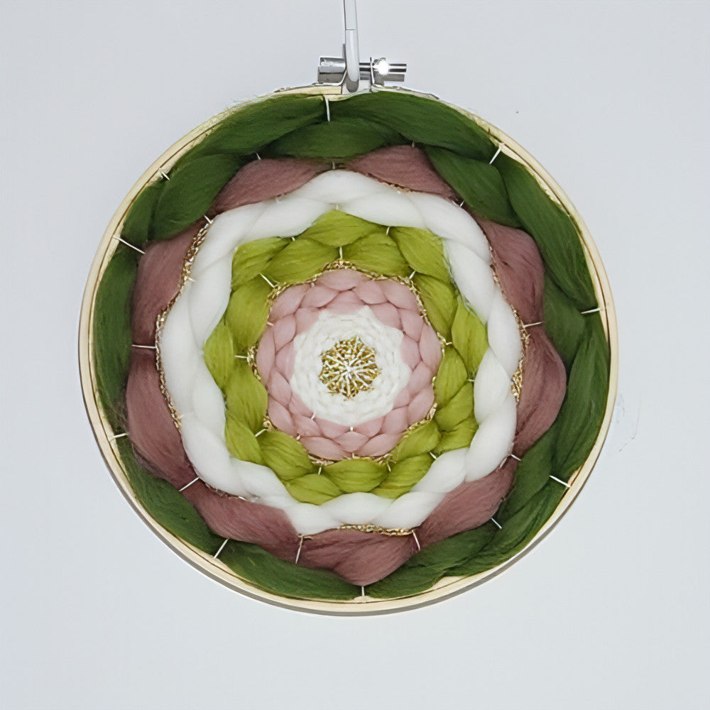 Round Woven Wall Art 8" Green White Peach Gold - BlueRhubarb