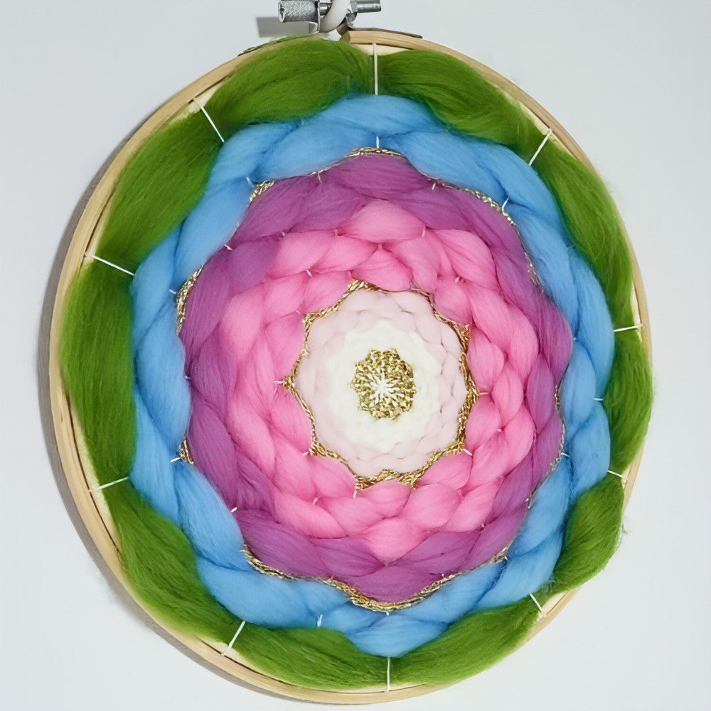 Round Woven Wall Art 8" Rainbow Green Blue Purple Pink White Gold - BlueRhubarb