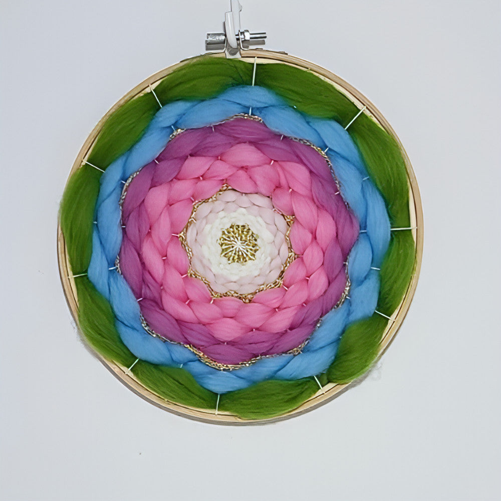 Round Woven Wall Art 8" Rainbow Green Blue Purple Pink White Gold - BlueRhubarb
