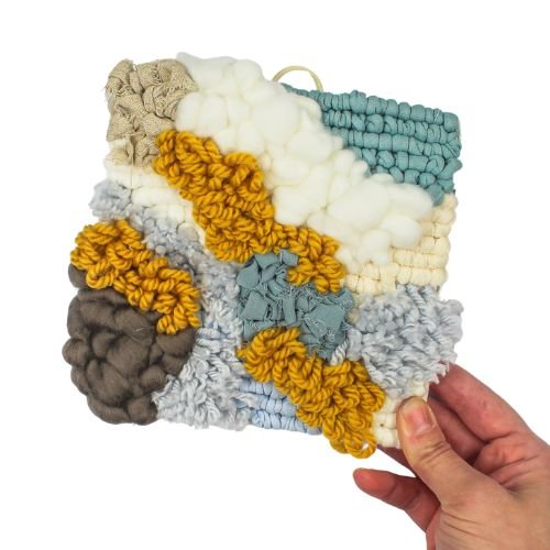 Wall Tapestry | Locker Latch Hook | Square Wall Hanging | Blues Whites Yellow - BlueRhubarb