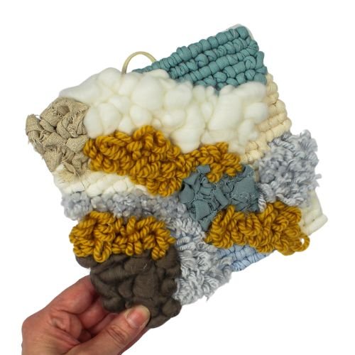 Wall Tapestry | Locker Latch Hook | Square Wall Hanging | Blues Whites Yellow - BlueRhubarb