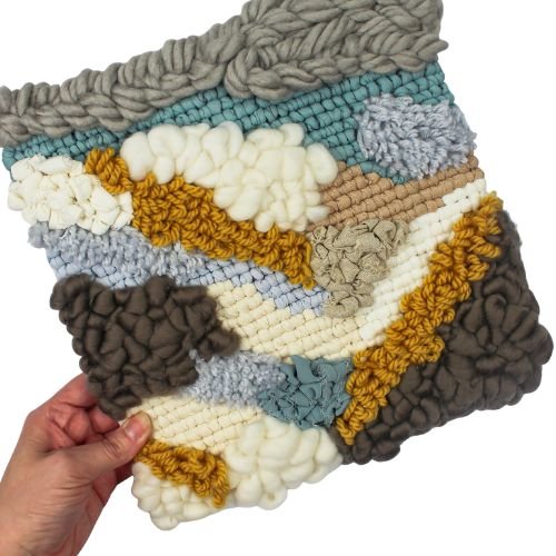 Wall Tapestry | Locker Latch Hook | Square Wall Hanging | Blues Whites Yellow - BlueRhubarb