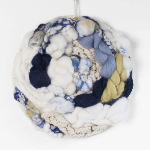 Woven Wall Hanging | Round Circle Weave | Fiber Art Yarn | Neutral Blue Tan Yellow - BlueRhubarb
