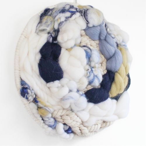 Woven Wall Hanging | Round Circle Weave | Fiber Art Yarn | Neutral Blue Tan Yellow - BlueRhubarb