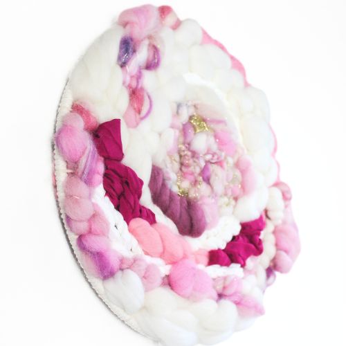 Woven Wall Hanging | Round Circle Weave | Fiber Art Yarn | White Pinks - BlueRhubarb