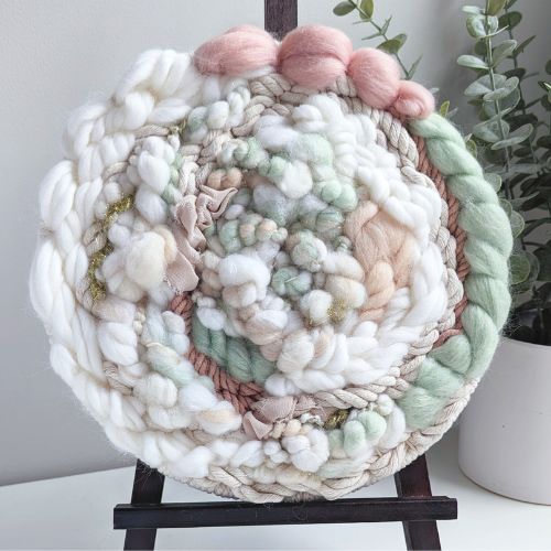 Woven Wall Hanging - Coiled Art Yarn Fiber Hoop - Blue Rhubarb