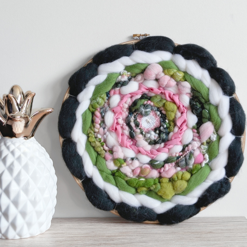 Round Coiled Art Yarn Fiber Wall Hanging - Greens White Pink Wall Decor