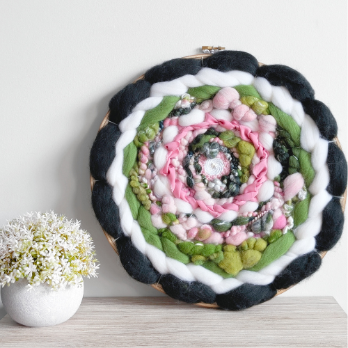 Round Coiled Art Yarn Fiber Wall Hanging - Greens White Pink Wall Decor