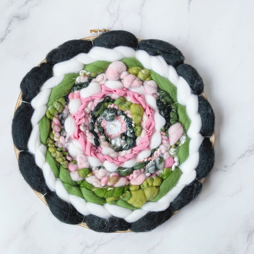 Round Coiled Art Yarn Fiber Wall Hanging - Greens White Pink Wall Decor