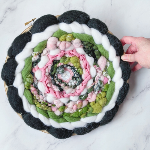 Round Coiled Art Yarn Fiber Wall Hanging - Greens White Pink Wall Decor