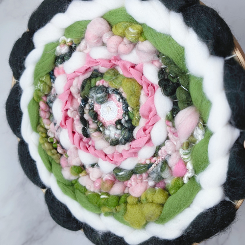 Round Coiled Art Yarn Fiber Wall Hanging - Greens White Pink Wall Decor